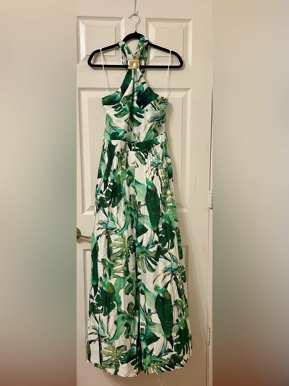 A. Peach Tropical Leaf Halter Wide Leg Jumpsuit with Pockets - Picture 4 of 11